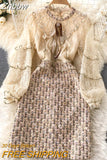 Znbbw Autumn Fashion Runway Mesh Embroidery Patchwork Sequins Tweed Wool Dress Women's Ruffles Luxious Beading Party Vestidos