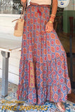 Znbbw Party Women Ruffle Half-length Long Skirt Summer Bohemian Floral Print A-line Skirt Casual High Waist Pleats Beach Skirt