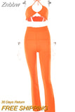 Znbbw Knit Ribbed Two Piece Set For Women Sexy Halter Corset Tank Tops And Straight Pants Sets White Hollow Out Trouser Set