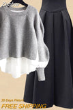 Znbbw Women Spring Autumn Two Pieces Sets Korean Long Sleeve Pullover Knitted Sweater And Pleated skirt Long Suit