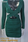 Znbbw Sexy Two Layer Deep V Neck Ruched Bodycon Mini Dress For Women Autumn Hollow Out Skinny Dresses Party Club Dress
