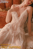 Znbbw Lace Mesh Pajamas Nightgown Long Bride Robe Wedding Pijama White Bathrobe Female Sexy Sleepwear Women Mesh Homewear