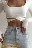 Znbbw O-Neck Twist Hollow Out Crop Top T-Shirts for Women Long Sleeve Thumb Holes Fall Outfits Streetwear Slim T Shirt