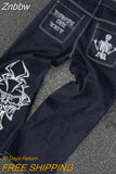Znbbw women Jeans Punk Rock Hip Hop Gothic Wide Leg Harajuku Trousers Streetwear Y2K men Retro Skull Graphic Baggy Jeans Pants