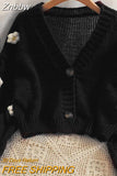Znbbw Kawaii Y2K Cropped Cardigan Women Harajuku Sweet 3D Flower Knitted Sweater Korean V-neck All-match Tops Aesthetic 2000s
