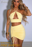 Znbbw Two-pieces Vest and Skirts Suits Women Solid Color Ruched Sets Summer Sexy Cutout Halter Crop Tops+Mini Bodycon Skirts