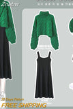 Znbbw Women's Autumn Winter Pink Sweater Korean Lady Casual Knit Pullover Black Dress Two Piece Set 2023 New Elegant Outfits