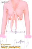 Znbbw long sleeve fur V-neck wrapped bandage sexy crop tops autumn winter women streetwear club party outfits T-shirts