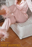 Znbbw Satin Feather Women 2 Piece Set Fashion Long Sleeve Bowknot Up Long Blouse Female Shirt Tops Wide Leg Pants Suit Outfits