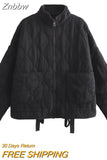 Znbbw TRAF Oversize Women Parkas 2023 Winter Long Sleeve Big Pockets Loose Quilted Padded Jacket Female Crop Top Cotton Coat