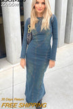 Znbbw TRAF Women Denim Dress Back With Zipper Spring Elegant Dresses For Women Round Neck Dress