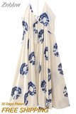 Znbbw TRAF Sexy Backless Beach Dress Women Sling Sleeveless Loose Long Dresses Women Print Boho Midi Dress