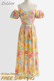 Znbbw New Seaside Holiday Dress Female Bubble Sleeve Square Neck Strapless Sling Long Print Pleated Dress UK881