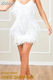 Znbbw Feather Stitching Dress Sexy Sequins Spaghetti Strap Fashion Mini Dresses 2023 Summer Slim V-Neck Evening Elegant Dresses