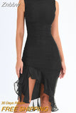 Znbbw Elegant Ruffle Ruched Midi Dress For Women Robe Summer New Backless Sleeveless Irregular Club Party Sexy Dress Vestido