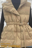 Znbbw Womens Down Vest Autumn Winter Solid Loose Drawstring Belt Stand Collar Windproof Lightweight Waistcoat Sleeveless Warm Vests