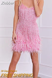Znbbw Feather Stitching Dress Sexy Sequins Spaghetti Strap Fashion Mini Dresses 2023 Summer Slim V-Neck Evening Elegant Dresses