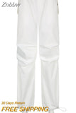 Znbbw Casual Vintage Cargo Pants Loose Drawstring Solid Joggers Streetwear Low Waist Baggy Wide Leg Sweatpants Women Trousers