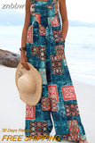 znbbw Wide Leg Pants Dungaree Bib Overalls Sleeveless Oversized Vintage Print Jumpsuits Women Strap Loose Summer Folds Jumpsuit