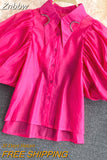 Znbbw Summer New Fashion Korean Retro Blouse Female Irregular Rhinestone Lapel Puff Sleeve Blusa Short Shirt KK1100