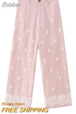 Znbbw TRAF Women Vintage Patchwork Embroidery Casual Linen Wide Leg Pants Chic High Waist Zipper Ankle Length Trousers