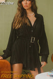 Znbbw Elegant Long Sleeve Shirt Dress Women Casual Blouse Dresses Sexy Loose Single Breasted Waistband Pleated Mini Dress
