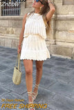 Znbbw TRAF Y2K Hollow Out Knitted Women Summer 2 Piece Sets 2023 Thin Sleeveless Crop Top Female Ruffles Mini Skirt Suits