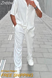Znbbw Summer Men Simple Solid Two-piece Set Lapel Button Shirt + Long Pants Casual Suit Office Men's Short Sleeve Loose Outfits