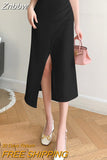 Znbbw Vintage Design Simple A-Line Skirts Sexy Split Folds High Waist Women Midi Skirt Elegant Female Office Skirt Jupe Femme
