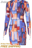 Znbbw Dye Print Long Sleeve Mini Dress High Neck Bodycon Sexy Streetwear Party Club Women 2023 Summer Clothes Slim Fashion