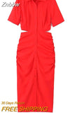 Znbbw ZBZA Women 2023 Shirt Dress Women Waist Cut-out Midi Dress Fashion Design Sexy Elegant Femme Vestidos 202307