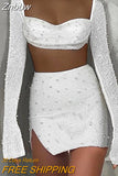 Znbbw Beaded Dress Set Women Long Sleeve Crop T-Shirt and Mini Skirt Two Piece Set Sexy Club Outfits Birthday Clothes