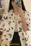 znbbw Vitage Short Sleeve Loose Women Blouse Shirt Y2K Butterfly Printing Button Up Pockets Womens Shirts 2023 Summer Felame Tops