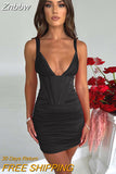 Znbbw Satin Spaghetti Strap Ruched Mini Dress For Women Robe Summer New Sleeveless Backless Skinny Sexy Party Dress Vestido