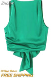 Znbbw TRAF Women Fashion With Tied Satin Back Open Crop Blouses Vintage O Neck Sleeveless Female Shirts Blusas Chic Tops