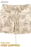 Znbbw TRAF Spring Fashion Print Women Cargo Skirts Drawstring Elastic High Waist Zipper Pockets Female Mini Skirt