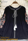 Znbbw Women Autumn Winter Blouse French Shirt with Foreign Air Thin Retro Ethnic Style Embroidery Printing Lace Up Chic Shirt D2533