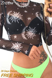 Znbbw Women Sexy Harajuku Mesh Tops Long Sleeve See Through T Shirt Transparent Sun Moon Star Print T-shirt Femininas Clubwear