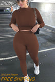 Znbbw 2-Pcs Women's Long Sleeve Sportswear Solid Color Elastic Crop Top Tight-fitting Long Pant Outfit Set