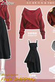 Znbbw Women's Sweet Spring Autumn Sweater Dress Suit 2023 Korean Lady Knit Sweater Dresses Set Casual Loose Outfits Two-piece Suit