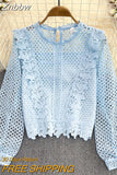 Znbbw Women Autumn Winter Blouse Vintage Round Neck Ruffle Long Sleeve Loose Hook Flower Cut Out Water-soluble Lace Shirt D2062