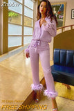 Znbbw Satin Feather Women 2 Piece Set Fashion Long Sleeve Bowknot Up Long Blouse Female Shirt Tops Wide Leg Pants Suit Outfits