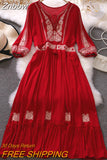 Znbbw Spring Summer Ethnic Style Waist Slim Embroidery O-neck Dress Female Red Seaside Holiday Bohemian Dress Women GD699