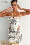 Znbbw Women Fashion Halter Printed Tank Tops Camis Midi Skirt Two Piece Sets Suits Outfits 2023 Summer Clothes Streetwear