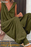 Znbbw Women Solid Hooded Jumpsuit Summer Casual V-neck Sleeveless Button Cross-pants Streetwear Female Loose Retro Romper Playsuits