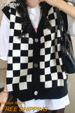 Znbbw Korean Style Checkerboard Knitted Sweater Vest Women V-neck Oversized Plaid Preppy Fashion Sleeveless Knitwear Jacket