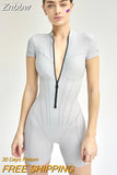Znbbw 2023 New Short Sleeve Playsuit Women Overalls Spring Striped Zipper Sporty Rompers Ladies Casual Bodycon Playsuits