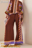 Znbbw Loose Boho Outfits Vintage Pattern Printed Two Piece Set Fashion Stand Neck Batwing Sleeve Shirt+Long Pants Women's Suits