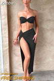 Znbbw Elegant Strapless Sexy Two Piece Set Women Sleeveless Crop Top And High Split Skirt Matching Sets Party Dress Sets