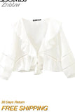 Znbbw TRAF 2023 Women Sexy Front Ruffles Cropped Shirt High waist Short Blouse Short sleeve French White Tops